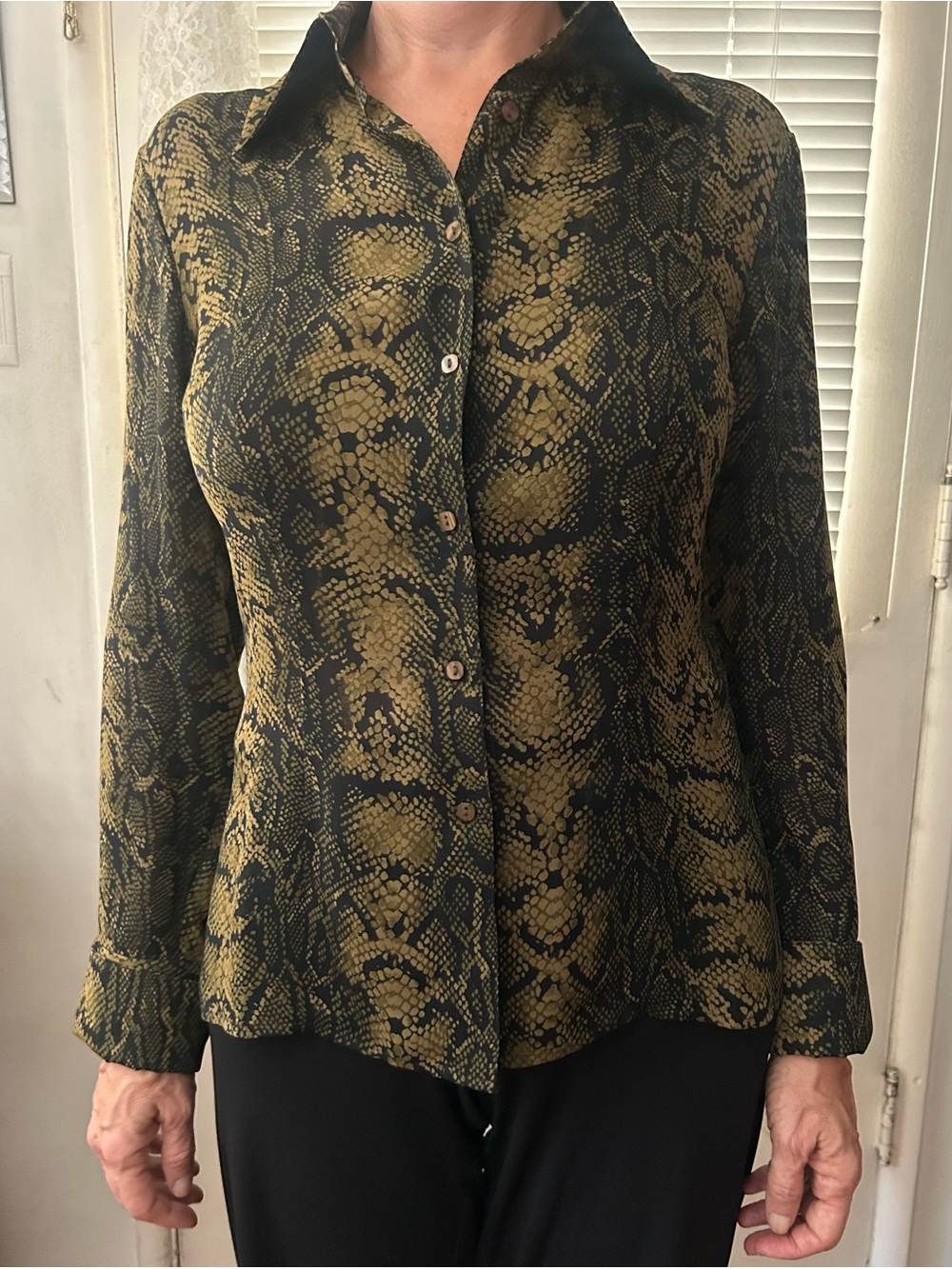 INC International Concepts Olive and Black Snake-Print Button Front shirt size 6